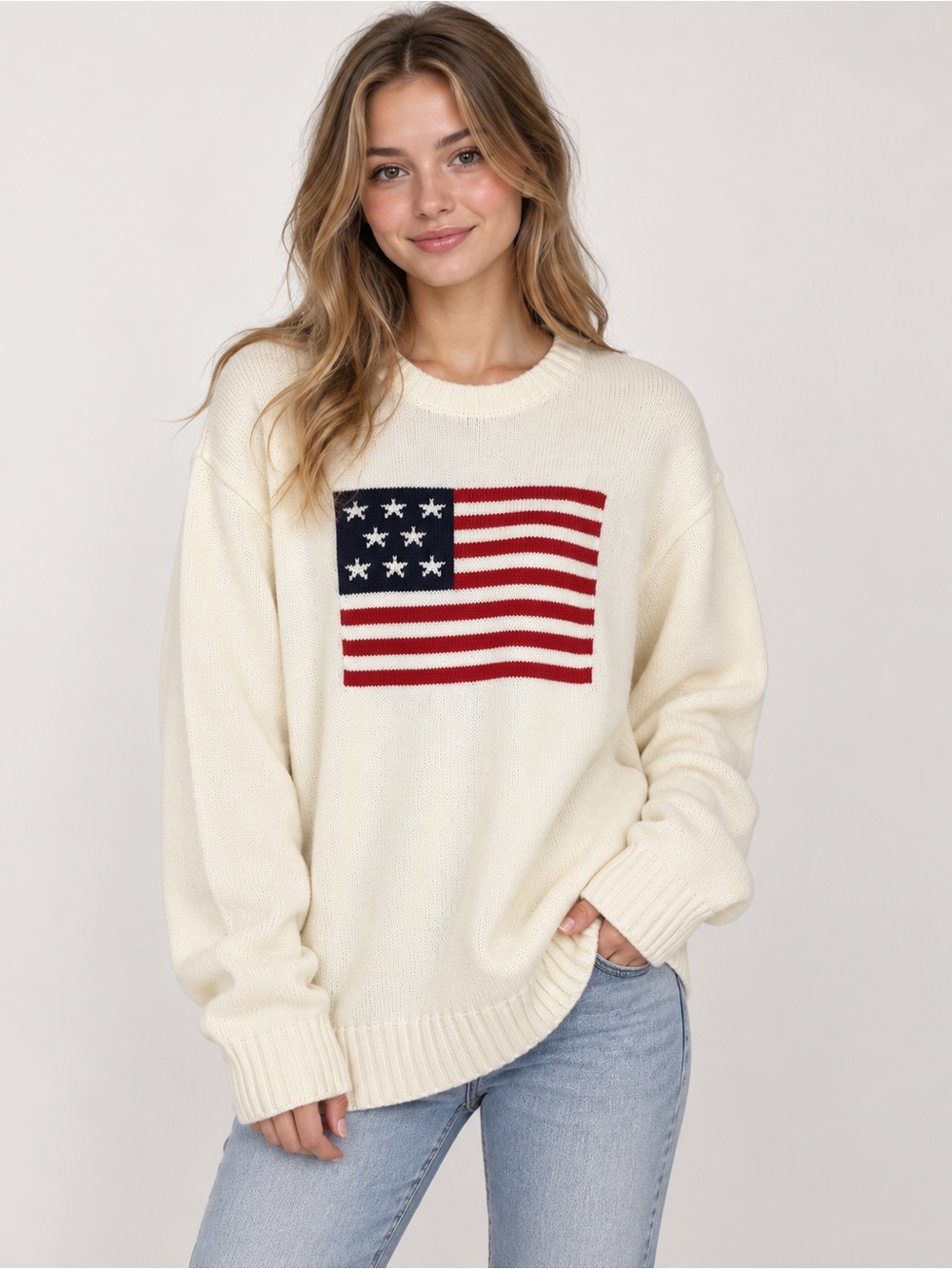 Mighty Fine Cream American Flag Knit Sweater Women’s S/M Patriotic Pullover Warm